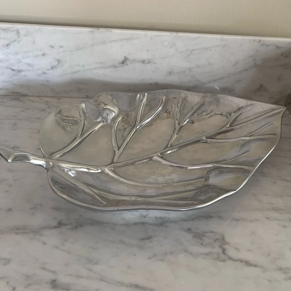 Large Pewter Leaf-Shaped Footed Decorative Tray Platter Approximately 24” x 13”